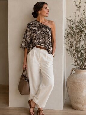 Olivaceous One-Shoulder Snake-Print Tunic in Brown and Cream